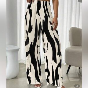 SHEIN Black and White Abstract Wide-Leg Pants